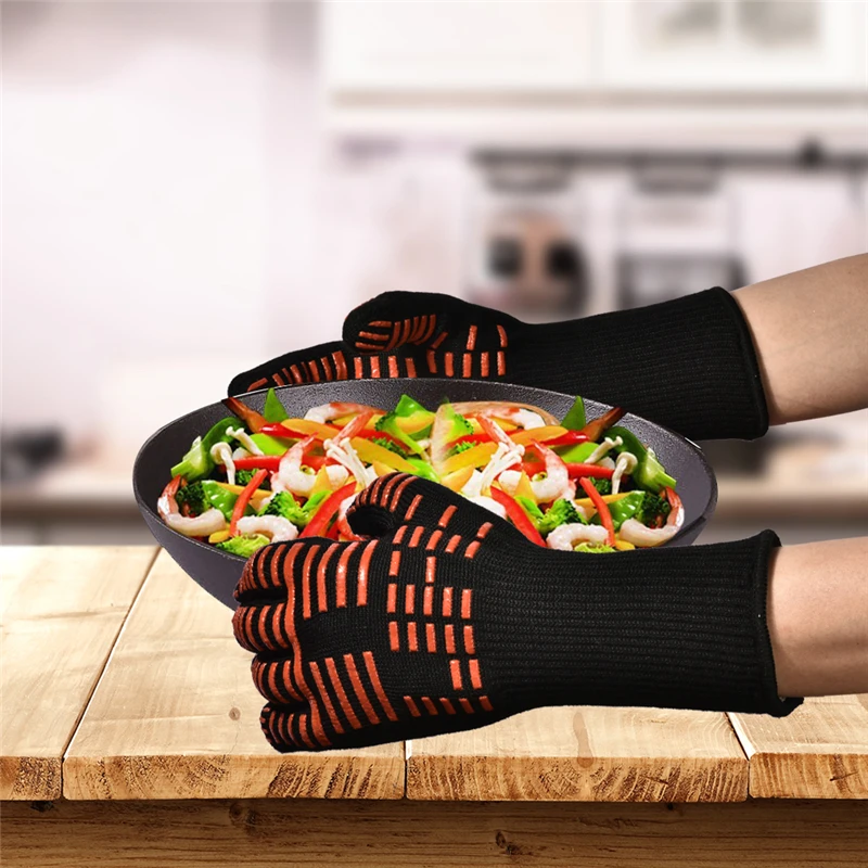 Flintronic - Guantes Resistentes Al Calor Hasta 800°C | Para Barbacoa, Horno Y Parrilla | Certificación EN407 | Tamaño 30cm | Color Rojo/Negro/Azul
