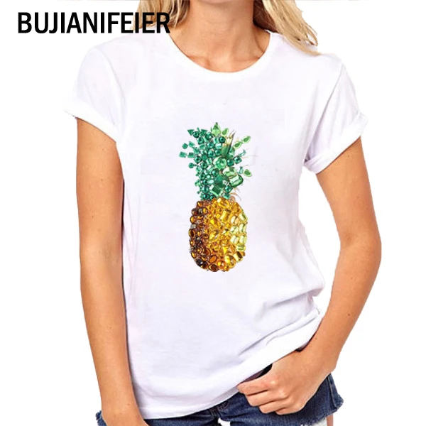 

NEW 2019 SUMMER girl t shirts Fruit pineapple print white Short Sleeve Female T-shirts BUJIANIFEIER