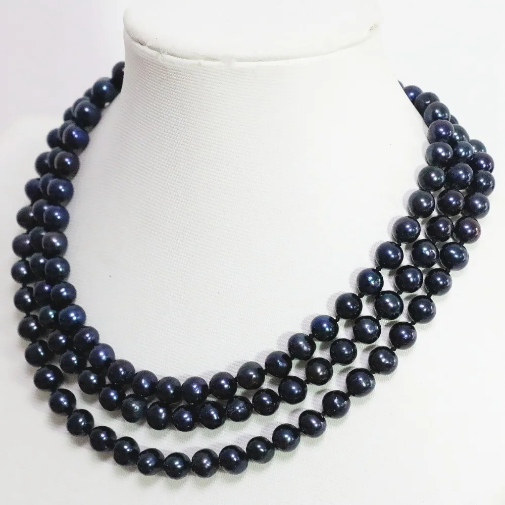 

Trendy black cultured freshwater natural pearl 8-9mm round beads classic romantic long chain necklace jewelry 50inch B1474