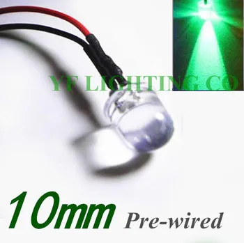 

100pcs/lots 10mm led DC12V Pre Wired led water clear Green DIP LED 20mm cable prewired led