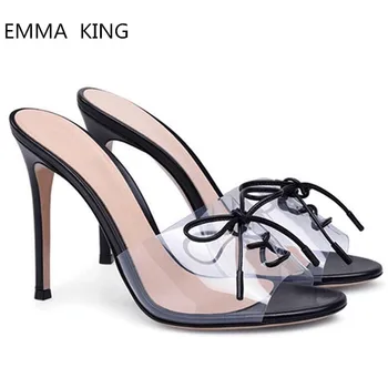 

Sexy Women PVC Slipper Slides Open Toe Gladiator Sandals Stiletto High Heels Slip on Shoes Woman Pumps Lace-up Design Mules