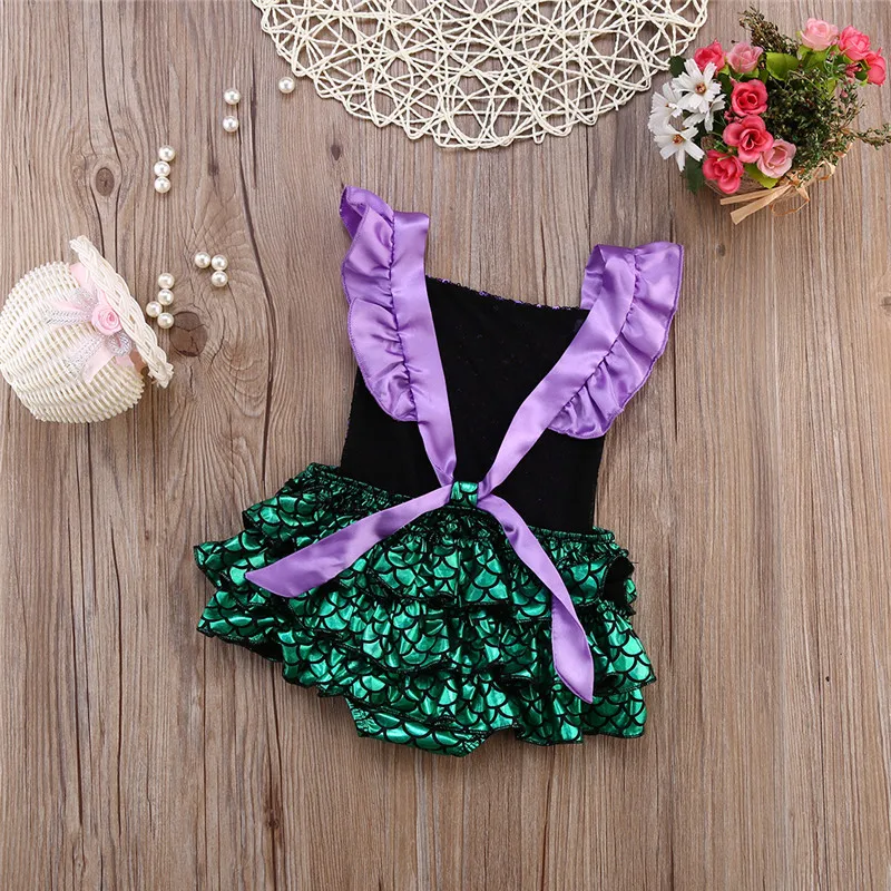 Новинка г.; летние модные комбинезоны для маленьких девочек; Фиолетовый комбинезон с блестками и зеленым низом; Модный цельный пляжный костюм с открытой спиной