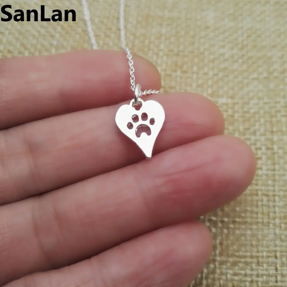 Heart shaped paw print charm necklace heart charm cat paw dog paw