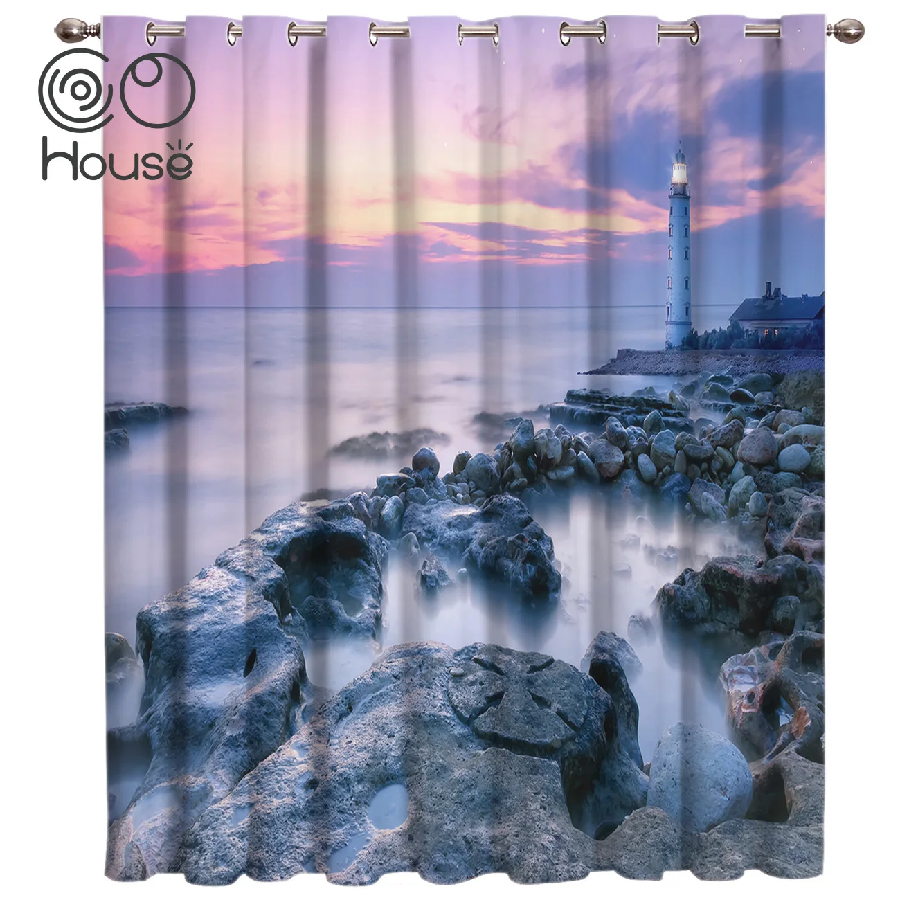 

COCOHouse Evening Scenery Lighthouse Ocean Reef Sunset Colorful Clouds Window Curtains Dark Outdoor Kitchen Fabric Indoor Decor