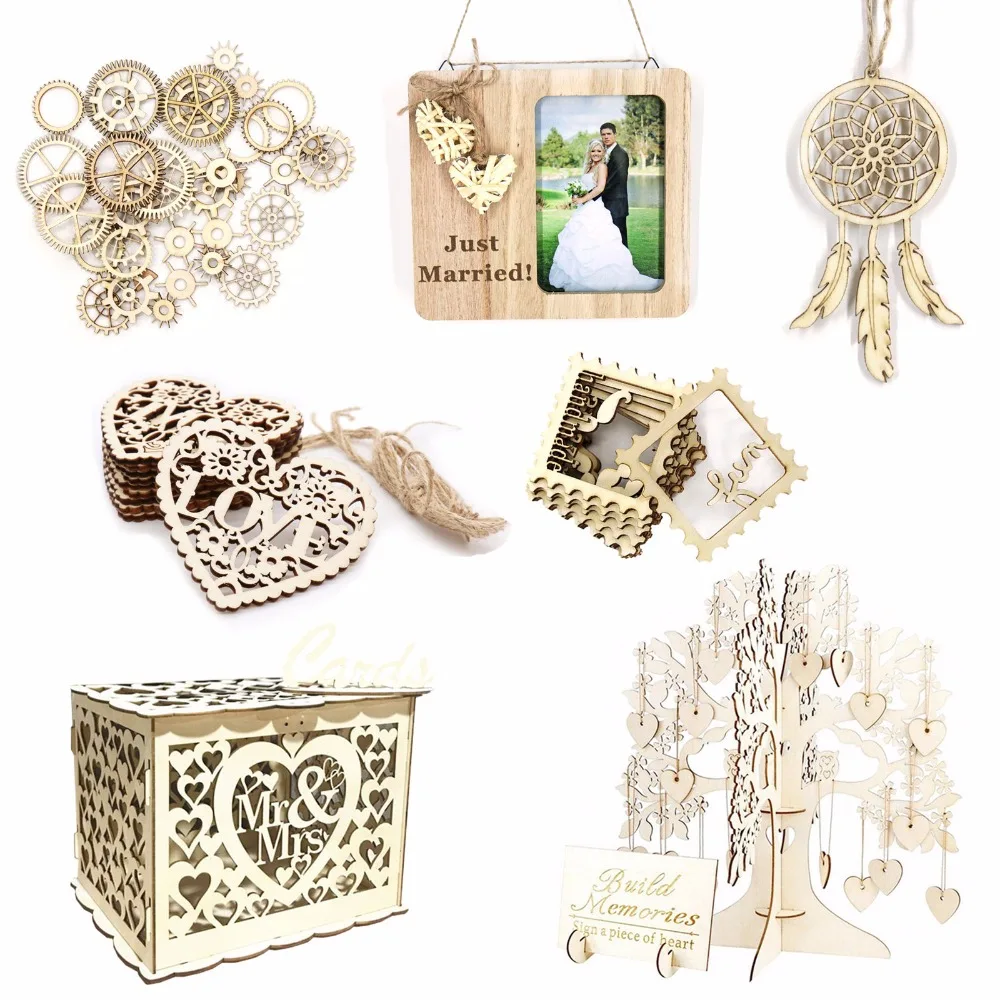 

Rustic Wedding Party Decoration Heart Tree Guest Book Wooden Card Box With Lock For DIY Wooden Craft Vintage Wedding Gifts