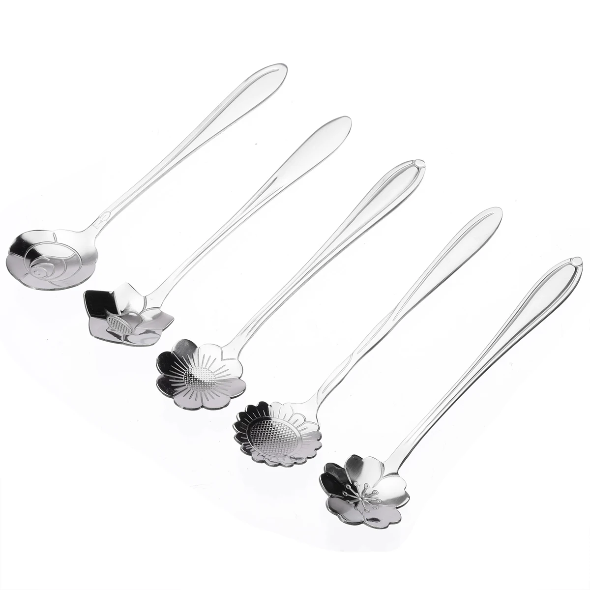 5pcs Stainless Steel Mixed Flower Shape Spoons Sugar Silver Coffee Spoon Teaspoons Ice Cream Flatware Tableware Kitchen Tool