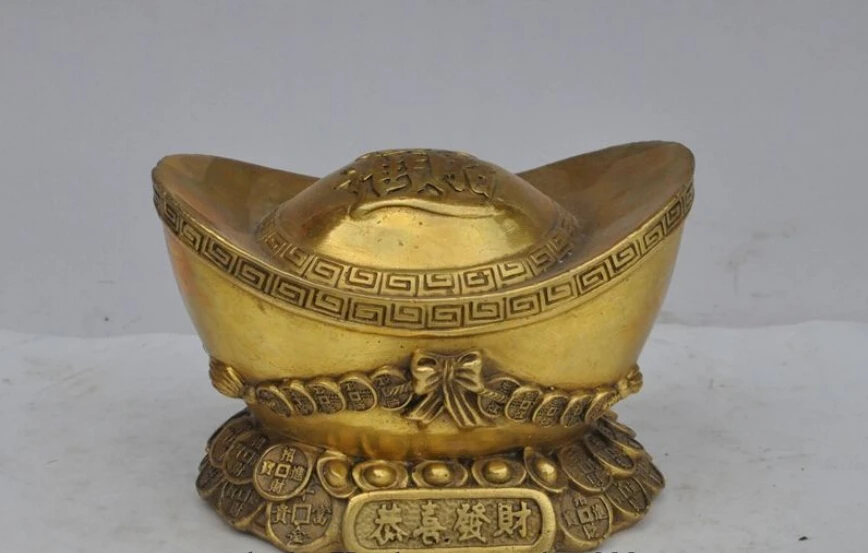 

6"chinese fengshui brass wealth money coin ingot yuanbao Bullions rich statue