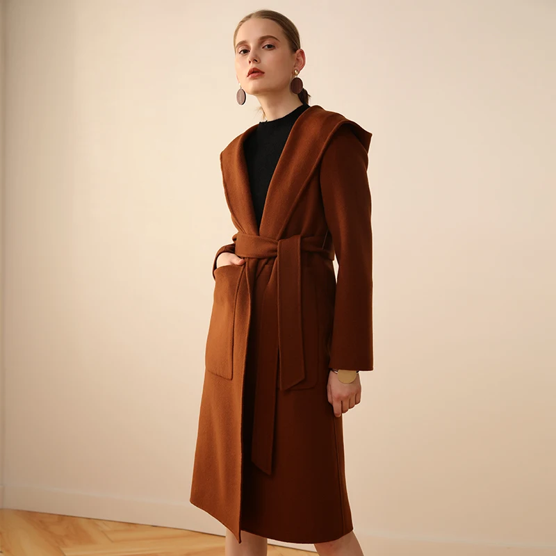 camel Lâche 2018 100 face Mode Ayunsue Capuchon caramel Veste Beige Yq1691 Hiver Laine Manteaux Longue Avec Ceinture Femelle Automne À Manteau Femmes Double B7g7dwq