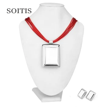 

SOITIS 316L Stainless Steel Big Exaggerated Jewelry Sets Pendant Earrings Necklace Fashion Sliver Color Red Rope Choker