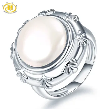 

Hutang Pearl Jewelry 100% Natural Freshwater Pearl Ring 925 Sterling Silver Coin-Shape Pearls Fine Fashion Jewelry Xmas Gift New