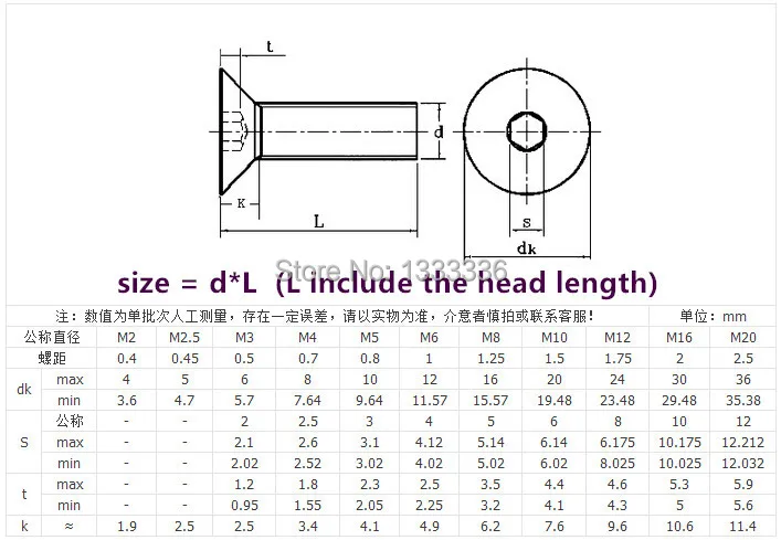 1000 шт. M2 * 5 DIN7991 из нержавеющей стали в горизонтальном положении (потайной) передний привод с шестигранной головкой колпачковый винт с