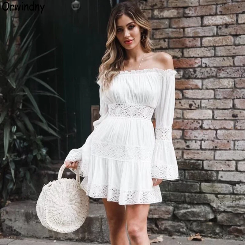

Orwindny 2019 Summer New Fashion Women Dresses Casual Vintage Sweet Lace White One-shoulder Dress Party Dress Slim Beach Dress