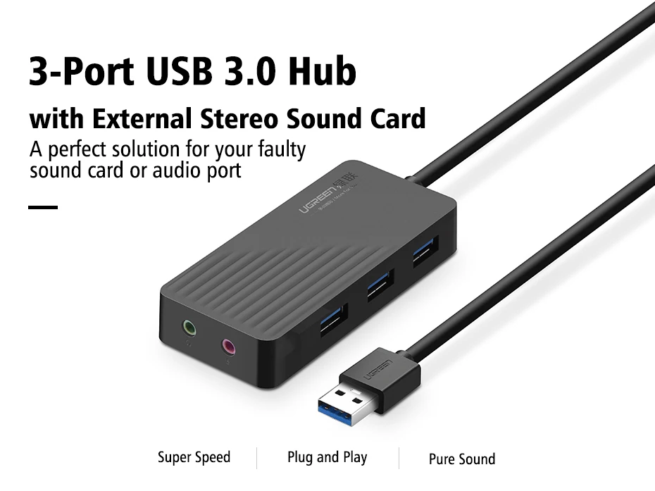 Ugreen все в одном USB звуковая карта с 3 портами USB 3,0 разветвитель внешний 3,5 мм USB адаптер аудио интерфейс для компьютера аудио карта