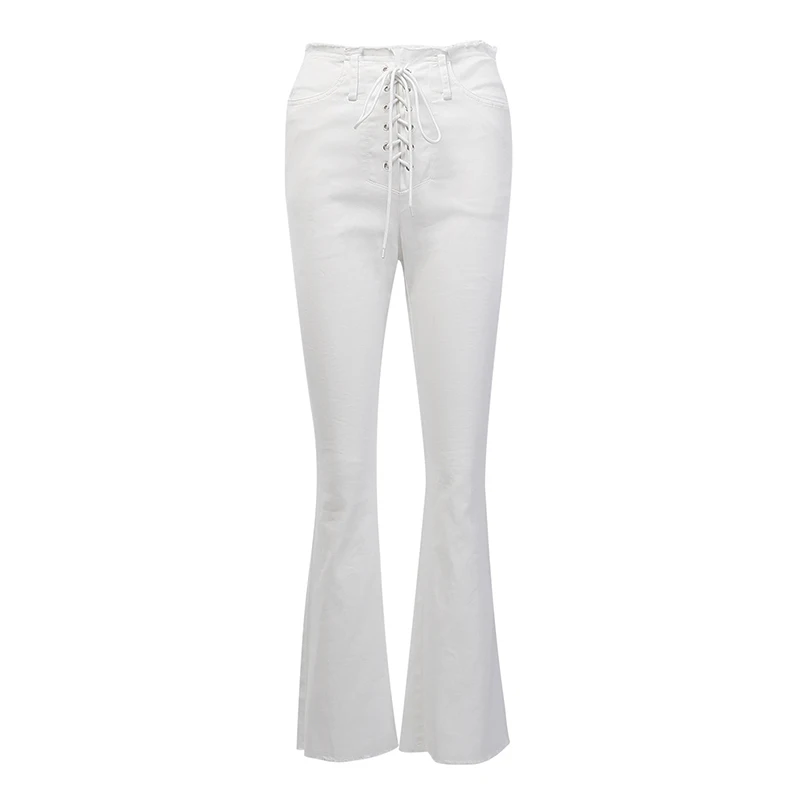 InstaHot White Elegant Office Lady Lace Up Elastic High Waist Flare Pants Casual Solid Minimalis Pant Spring Women Trousers