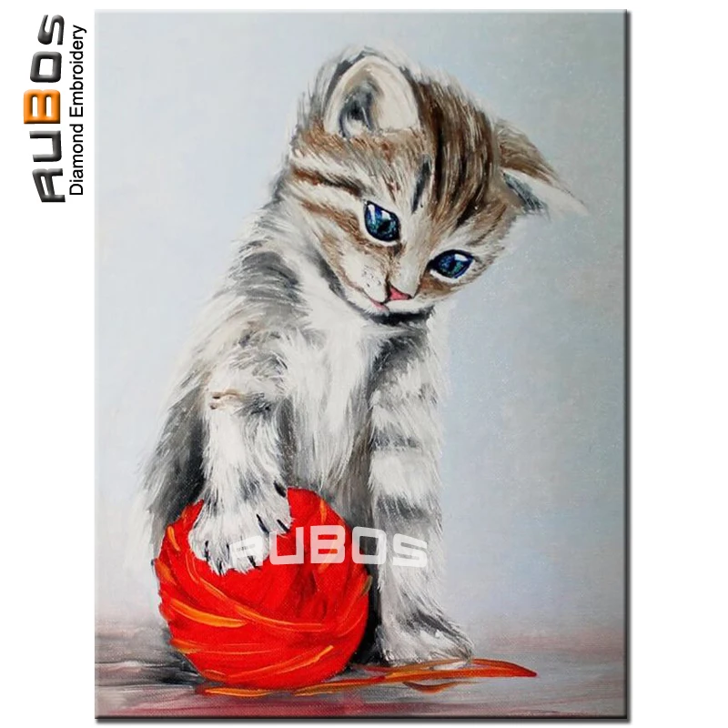 RUBOS DIY 5D Diamond Paintings Kitten With Red Ball Diamond Mosaic Diamond Embroidery Rhinestone Full Square Sale Resin Picture (1)