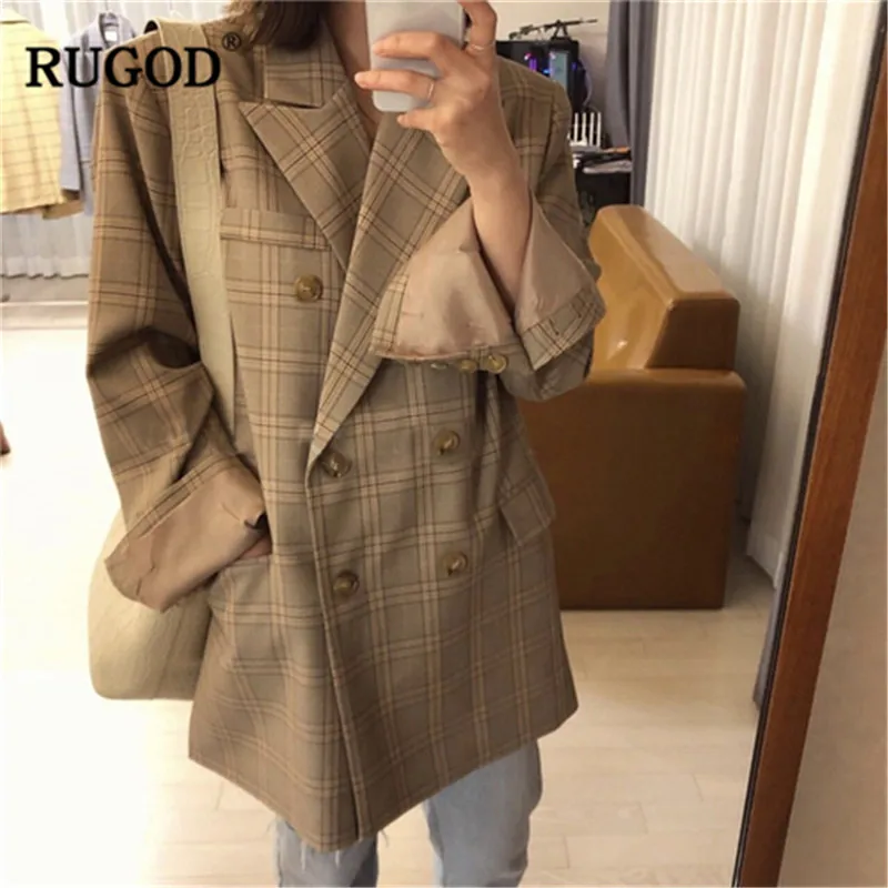 

RUGOD Double-breasted vintage women coat lattice long blouses pocket loose elegant office ladies wearing spring autumn modis