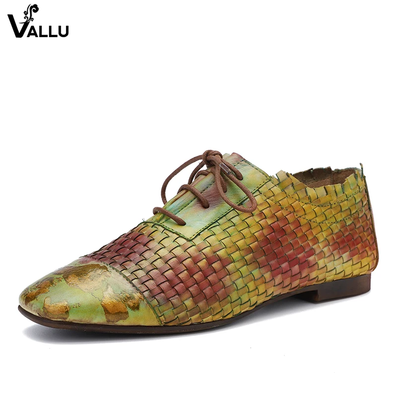 Woven Shoes Woman Latest Design Female Colorful Flat Shoes Hand-Painted Lace-Up Lady Casual Shoes Square Toe Footwear