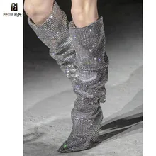 Prova Perfetto; Новинка; шикарные сапоги с кристаллами на шпильке; плиссированные стразы; сапоги до колена; блестящие высокие сапоги для сцены; Свадебная обувь