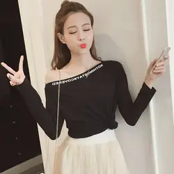 2019 сексуальные с открытыми плечами с буквенным принтом футболки корейские женские модные футболки с длинным рукавом женские свободные