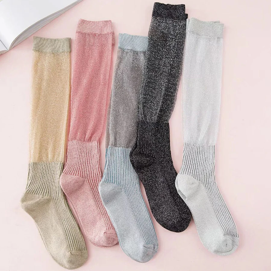 Wholesale 60 Pairs Casual New Solid Cotton Glitter Socks Long Female Shiny Funny Socks Women