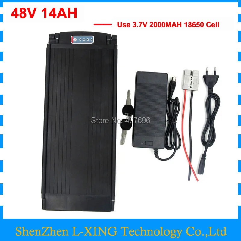 

48V 14AH electric bicycle battery 48V Rear Rack battery 750W ebike lithium ion battery with Tail light 20A BMS 54.6v 2A charger