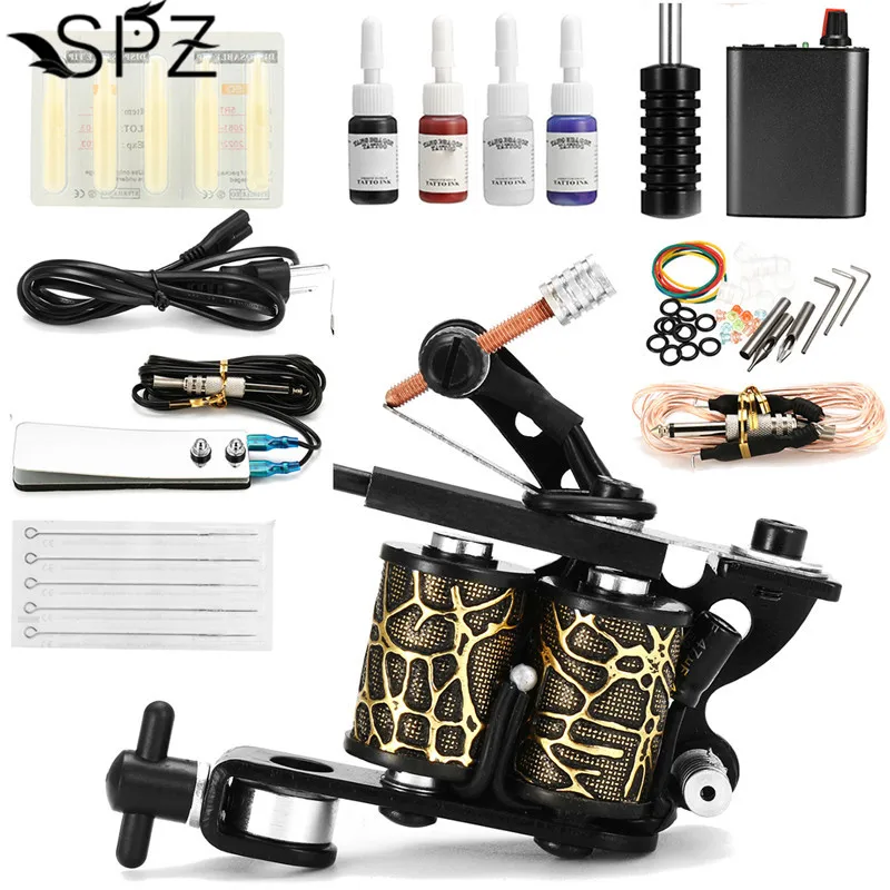 

Complete Tattoo Kits Tattoo Coils Machine/Guns 4 Colors Ink Set Power Supply 5 Needle Tips Pedal Grips For Body Art Beginner