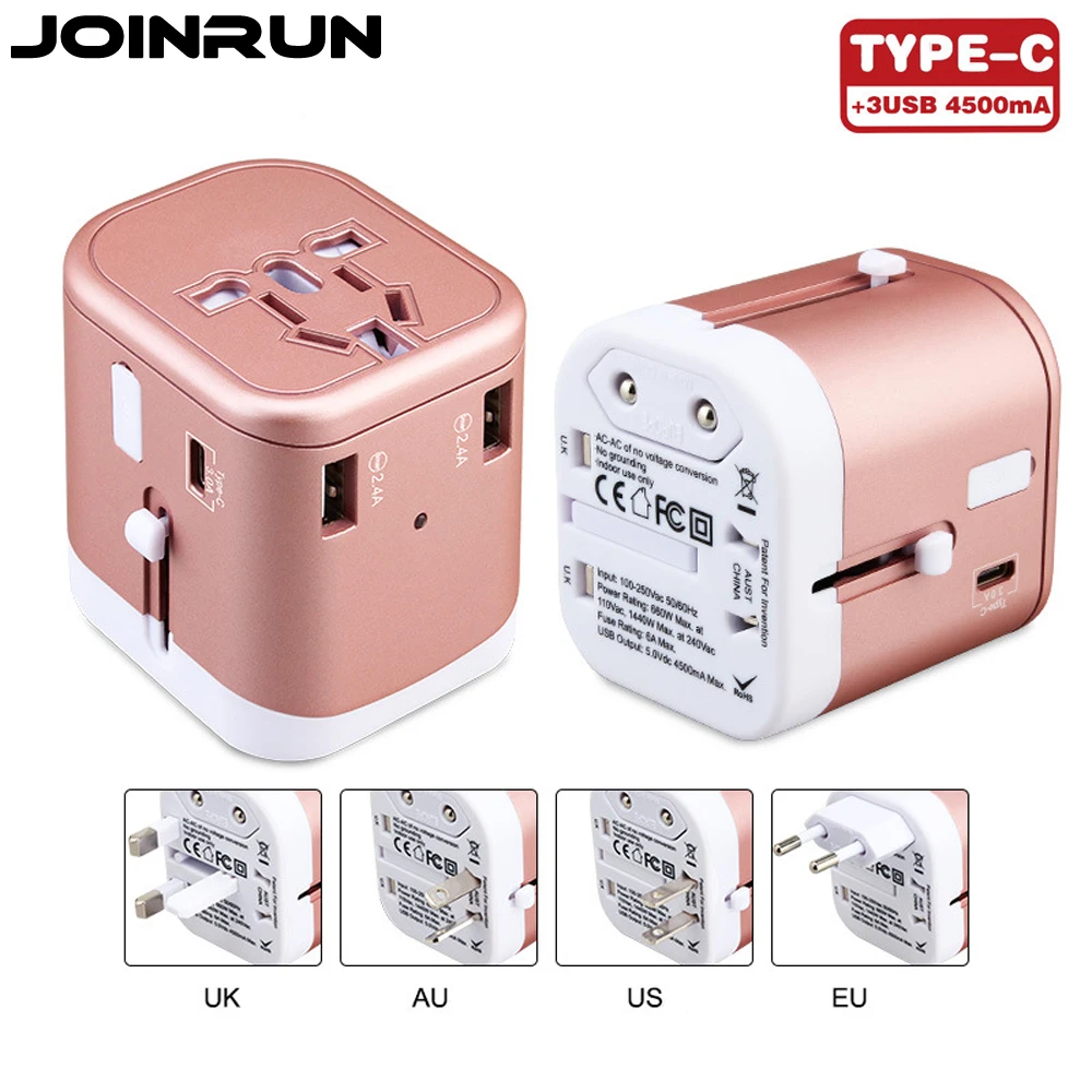 

Joinrun Universal Travel Adapter US/AU/UK/EU Plug Socket 3USB+typeC Converter with 3 USB Charging 2.4A