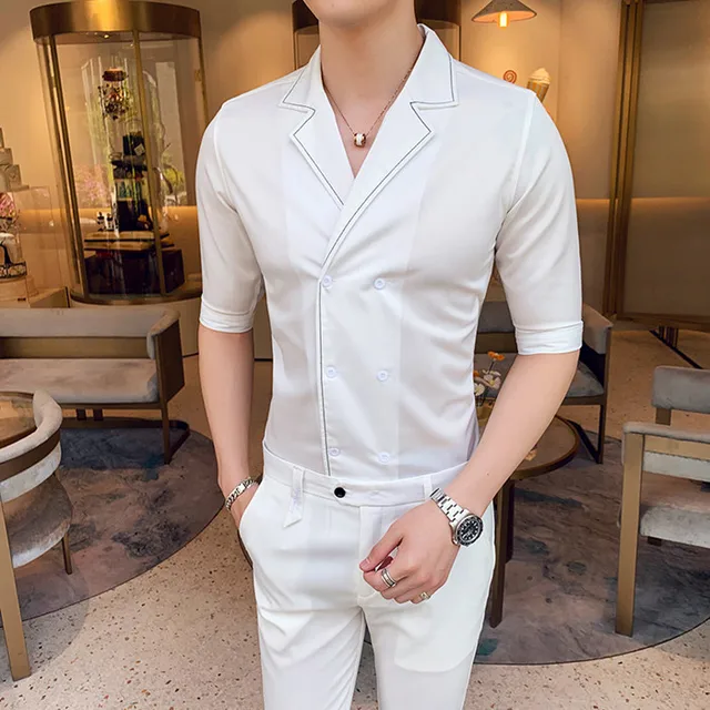 Men S Sets 19 Spring Summer New Arrival Fashion Smart Casual Shirt Pants Solid Half Sleeve Ankle Length White Black Sets Mens Men S Sets Aliexpress