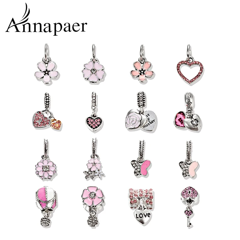 

European Style Pink Bracelet Beads Heart Butterfly Flower Crystal Charm Pendant for Bracelet & Necklace Set160901