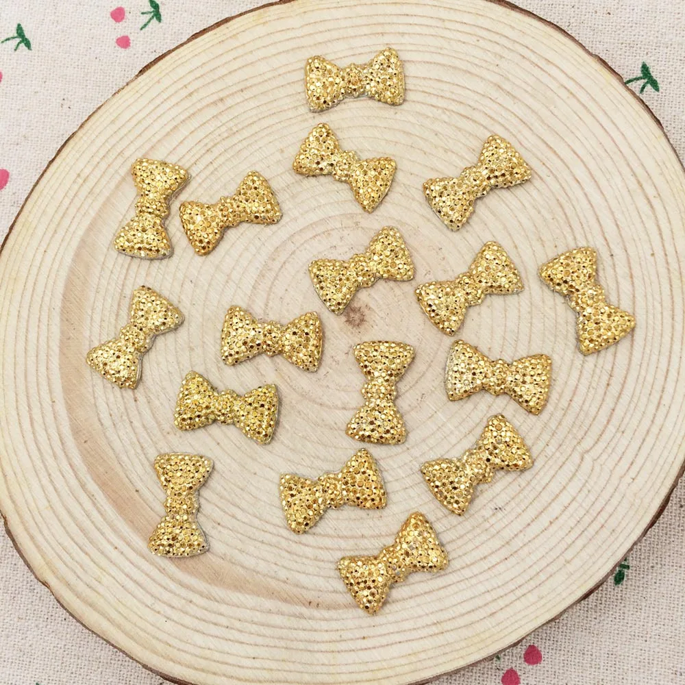 

50Pieces Flat Back Resin Cabochon Shining Gold Bow For DIY Accessories Kawaii Resin Craft Decoration For Handmaking :12*21mm