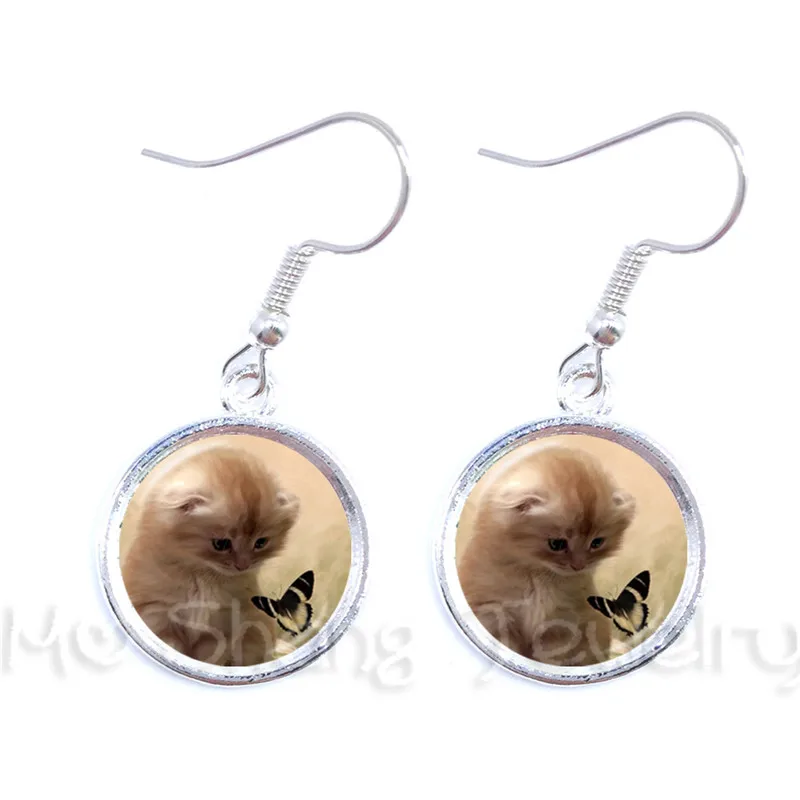 Cat Lover Earrings 16mm Round Glass Dome Animal Handmade Neo-Gothic Drop Jewelry For Women Girls Gift Wholesale | Украшения и