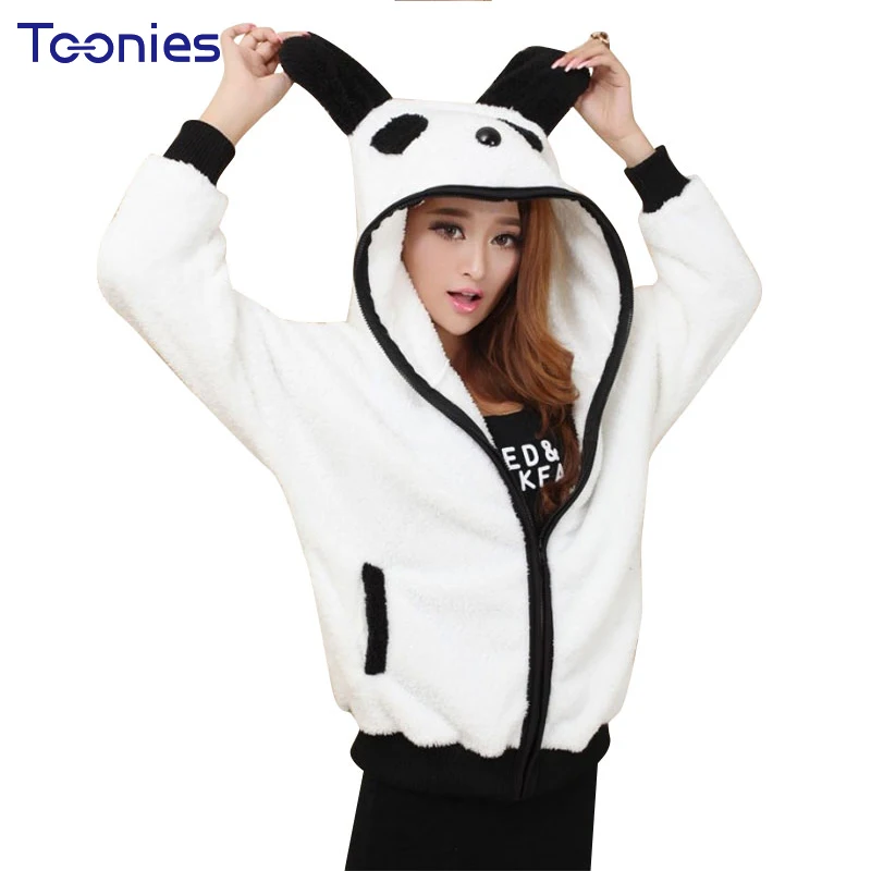 Plush Sweet Girl's Oversized Hoodie Sweatshirt Hooded Panda Ear Zip up Plush Batwing Style 