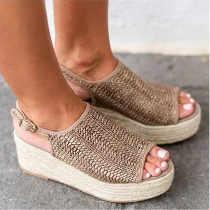 Новые модные женские туфли-танкетки на платформе; открытый носок плетеные сандалии с широко открытым носком, фасон «рыбий рот» туфли для лета BS88
