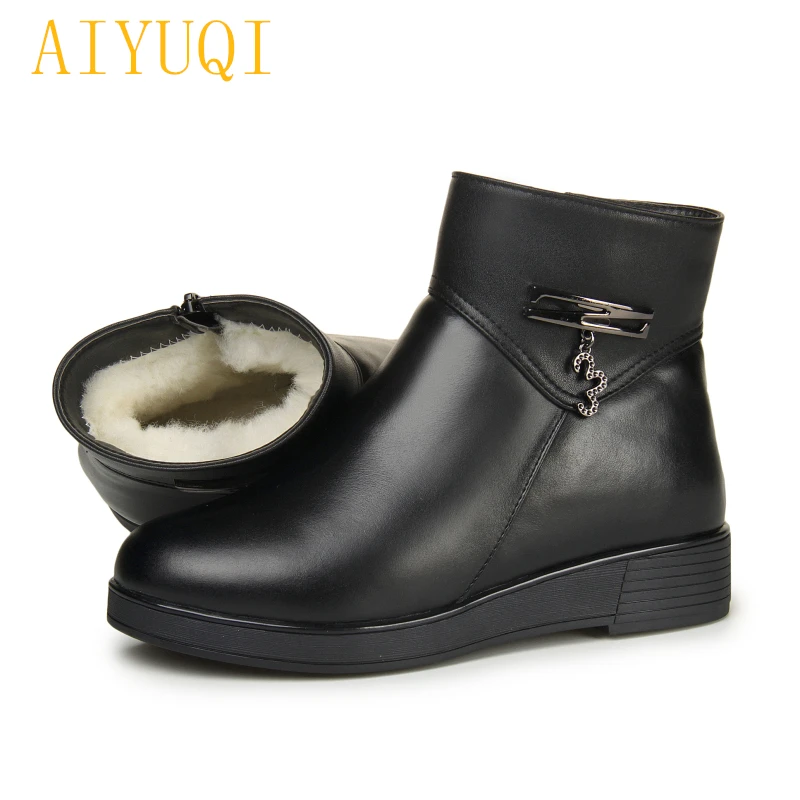 

AIYUQI Mother flat snow boots female 2019 new genuine leather women ankle boots, big size 35-43 thick warm wool boots shoes