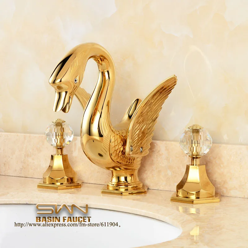 Deck-mounted Widespread Golden 3 Pcs Bathroom Swan Faucet Lavatory Basin Sink Mixer Tap Luxury Style 2371031