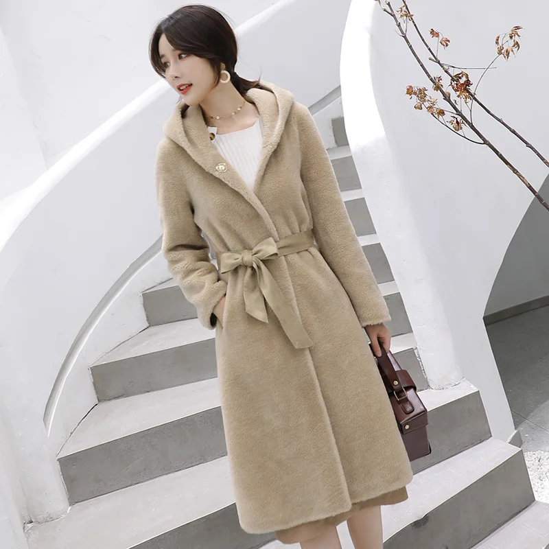 Laine Vestes De Moutons Femmes Des Hiver Manteaux 2018 Wyq1955 Long Beige Manteau À Veste Mode bleu Avec camel Capuche Chaud Tonte Fourrure Ayunsue Réel Ceinture xa08aq