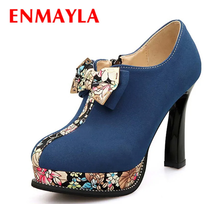 

Retro Print Spring Autumn boots Bowtie Round Toe High Ankle boots for women wedding shoes platform boots Zip Green Blue