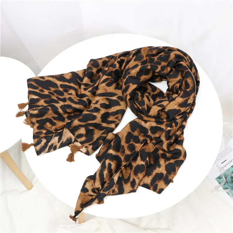 Женская модная брендовая леопардовая шаль из вискозы с кисточками, Женский мягкий теплый шарф с принтом, мусульманский хиджаб