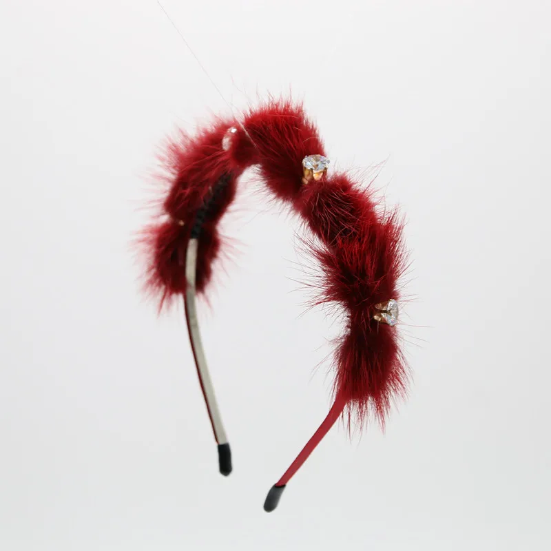 

New genuine fur bow with gems elegant mink fur bow headband fashion women romantic winter hair accessories