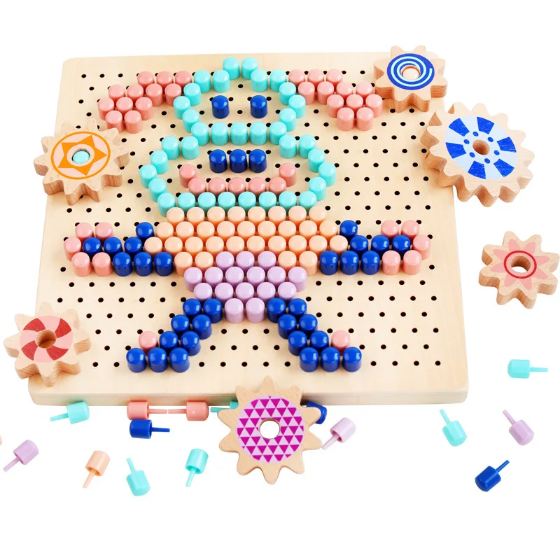 Variable Pixel Painting Wooden Toy Mosaic Plastic Wood New Three-dimensional Early Education Educational Toy Mushroom Pin Mosaic