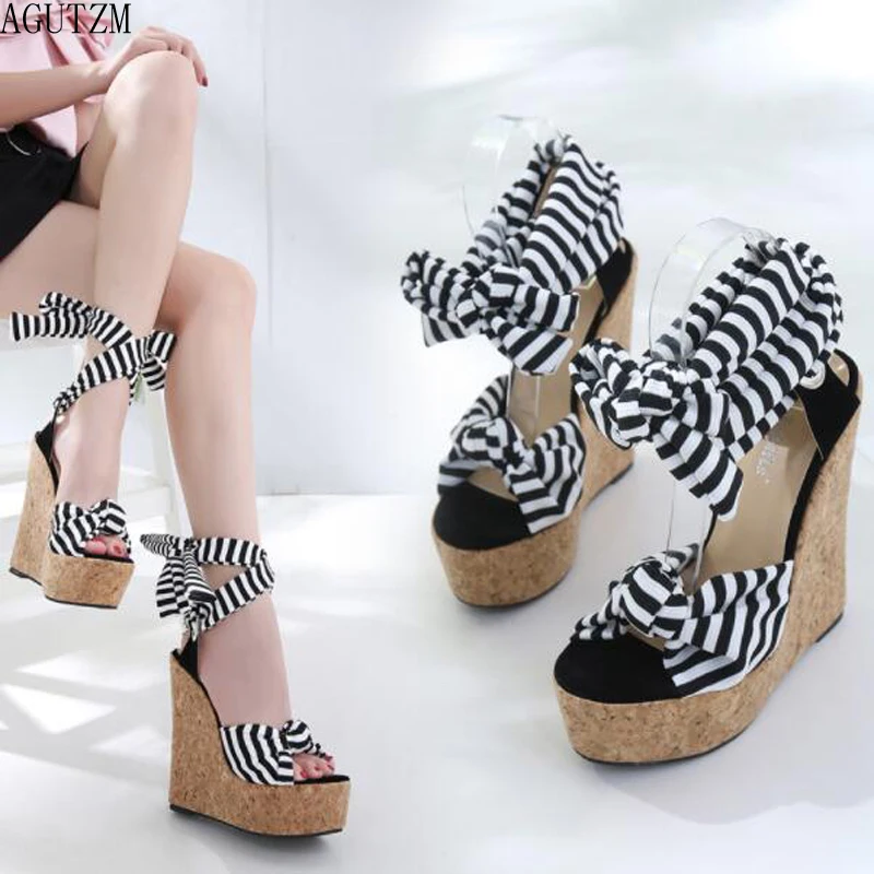 

AGUTZM New Designer Cotton Fabric Summer Roman Sandals High Quality Wedges High Heels Sexy Peep-Toe Platform Shoes Woman Z15