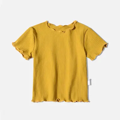 Однотонная Базовая рубашка для маленьких девочек; летние детские топы с короткими рукавами; детская повседневная одежда; полосатая блузка в рубчик; футболки - Цвет: Ginger yellow