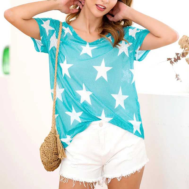 

Summer Casual Short Sleeve Basic Breathable T Shirts Five-pointed Star Printed Comfortable Loose Perspective Tops Tees Female