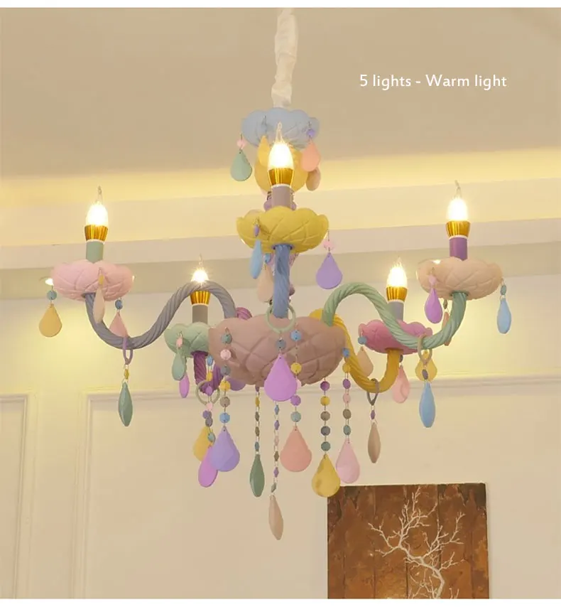 Personality colorful glass for children's room decoration chandelier macaron color crystal LED E14 lighting hanging chain adjust