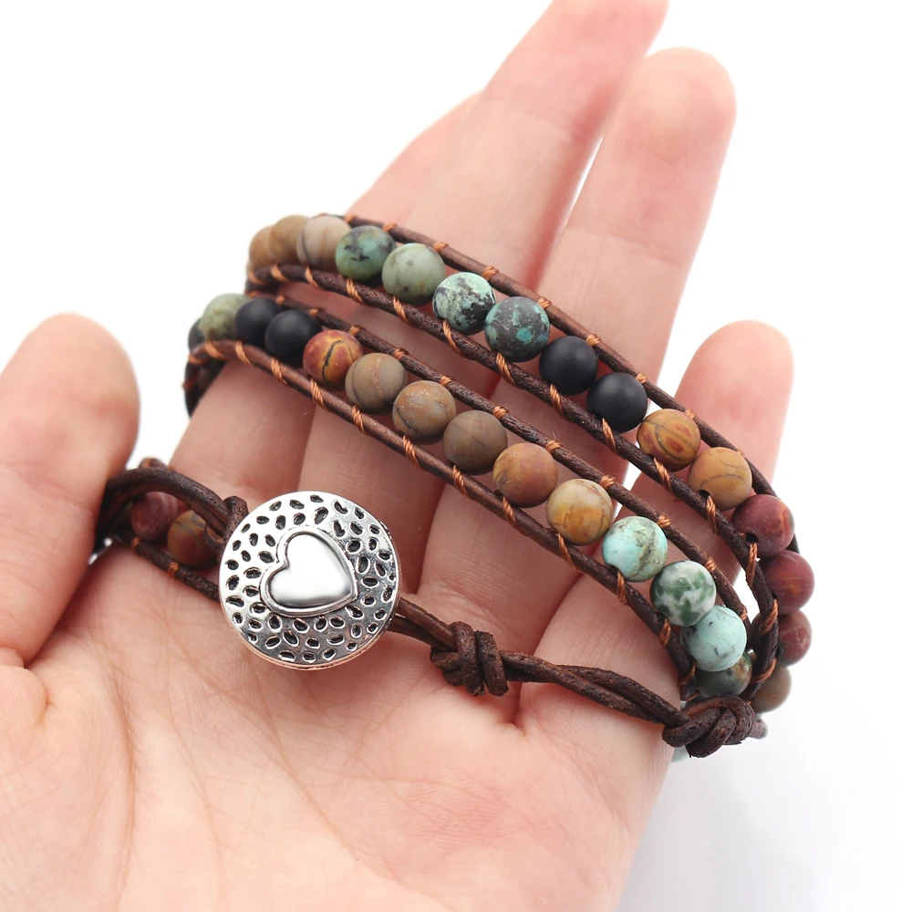 Богемский кожаный многоцветный браслет ручной работы тканый многослойный натуральный камень Бусины обёрточная бумага 3 браслеты из нитей Прямая поставка