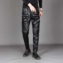 Оригинальная Осенняя мужская одежда; Корейская версия самостоятельного одевания; локомотив; кожаные брюки; индивидуальность с молнией; отделка из искусственной кожи; конические брюки