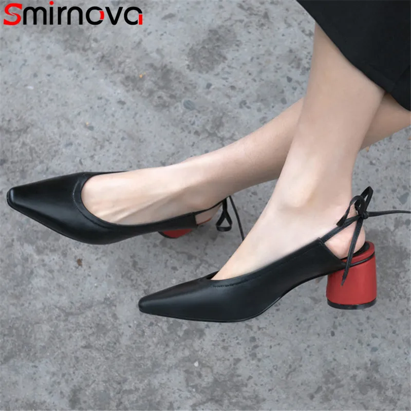 

Smirnova 2019 hot slae new pumps women shoes square toe lace up thick high heels shoes mixed colors genuine leather shoes women