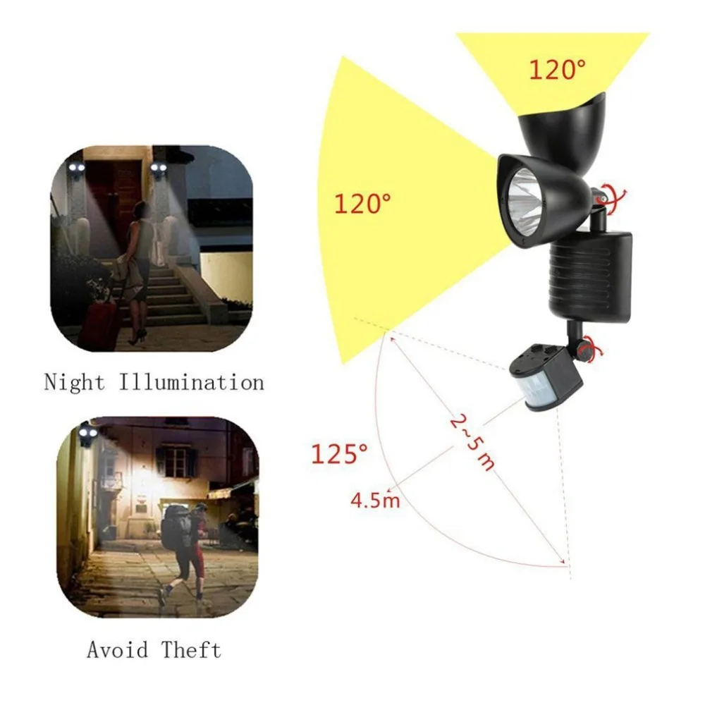 22 светодиодный светильник на солнечной батарее с датчиком тела, наружный настенный светильник, двуглавый Точечный светильник s, высокий светильник для сада и двора, Прямая поставка, новинка, 6W