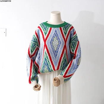 

2019 Women's Sweater Female Casual Long Sleeve Warm Argyle Pattern Designer Sweater Women Knitted Pullovers Brand Jumper