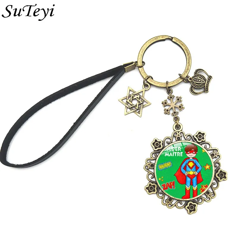 

SUTEYI Funny Super Teacher Keychains Rope Chain Star Crown Flower Blue Orange Glass Keyring Jewelry For Teachers Day Gift